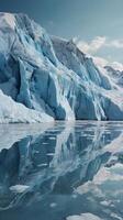 A serene vertical shot of a glacier's face with delicate ice patterns, reflecting light, and clear space in the sky for copy. photo