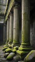 A detailed vertical shot of aged stone columns, covered in moss and illuminated by soft light, with ample space for text. photo