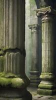 A high-detail vertical shot of aged stone columns with mossy textures, soft light, and negative space for copy. photo