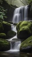 A high-detail vertical image of a gentle waterfall over mossy rocks, with mist and open space for text placement. photo