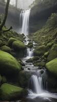 A high-detail vertical capture of a waterfall cascading gently over mossy rocks, with mist and open space for copy elements. photo