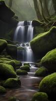 A vertical composition of a waterfall cascading softly over mossy rocks, creating mist and offering ample room for copy elements. photo