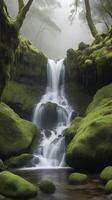 A detailed vertical shot of a waterfall flowing gently over moss-covered rocks, with mist and clear space for text. photo
