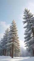 A serene vertical image of snow-dusted pine tree tops, with soft light filtering through and ample sky for text overlay. photo