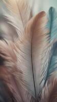 A close-up vertical shot of soft feather layers in muted shades, with blurred sections ideal for overlaying text. photo