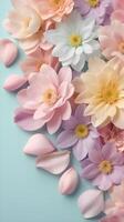 A vertical close-up image of pastel flower petals with gentle soft focus, providing clear space at the edges for copy. photo