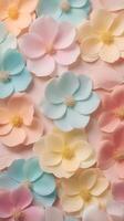 A vertical close-up of delicate pastel flower petals, softly blurred, with space around the edges for text. photo