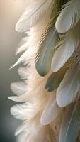 A vertical close-up of delicate feather textures in soft, muted tones, featuring blurred sections for text overlays. photo