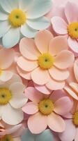 A detailed close-up vertical image of pastel flower petals arranged with a soft focus, leaving room for text along the edges. photo