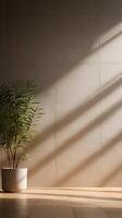 A quiet background of a textured wall, with vertical shadows created by sunlight streaming through blinds, offering plenty of blank space for text. photo