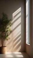 A calm scene of a textured wall with sunlight streaming through blinds, forming vertical shadows and offering clear space for copy. photo