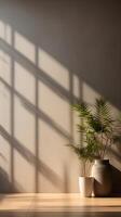 A tranquil image of a textured wall illuminated by soft sunlight filtering through blinds, creating vertical shadow lines with ample copy space. photo