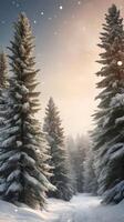 A vertical shot of tall evergreen trees dusted with snow, with a bright, soft sky for text overlays. photo