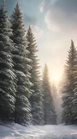 A vertical image of snow-covered evergreen trees, with a soft, bright sky above, offering space for text overlays. photo