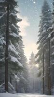 A vertical composition of towering evergreen trees lightly dusted with snow, set against a soft, luminous sky for easy text placement. photo