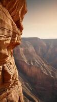 A high-detail vertical shot of a canyon's layered rock formations in warm tones, with a smooth backdrop or empty sky offering room for text. photo