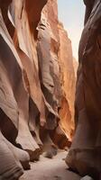 A high-detail vertical photo of a canyon wall with layered rock formations in warm tones, with blank sky or smooth textures for copy space.