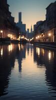 A vertical capture of city lights reflecting on still water, featuring gentle tones and plenty of space for copy or design. photo