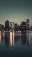A serene vertical shot of city lights mirrored in calm water, with soft hues and ample space for text placement. photo