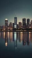 A quiet vertical image of city lights reflected in still water, with muted tones and blank areas for copy space. photo