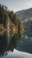 un calma lago reflejando un vertical acantilado, con apagado matices y abierto espacio para texto superposiciones foto