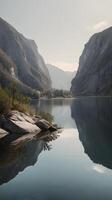 A vertical cliff reflected in a tranquil lake, with soft tones and clear space for text placement. photo