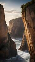 A vertical photo of a dramatic cliffside with rock layers and natural tones, featuring a blank sky for copy space.