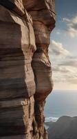A high-detail vertical capture of a dramatic cliffside with layers of rock, natural tones, and open sky for copy space. photo