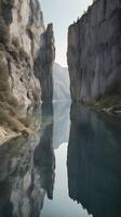 A serene vertical shot of a cliff mirrored on a calm lake, featuring subtle colors and ample copy space. photo