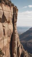 A vertical capture of a striking cliff with layered rock textures, natural colors, and open sky perfect for text overlays. photo