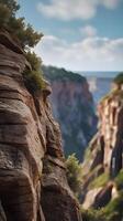 A vertical shot of a dramatic cliff face with layered rock formations, natural hues, and clear sky for text placement. photo
