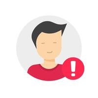 User profile caution or important notice identification icon, personal fake account or fraud risk data alert notification flat male man symbol, web person id safety message isolated vector