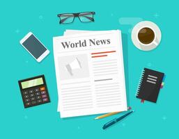 Newspaper or daily press news paper folded magazine on working business office table desk flat illustration isolated on color background, journal page idea vector