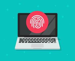 Security protection via touch fingerprint or thumbprint on computer laptop , flat pc privacy id identify thumb finger print access icon, confidential secure private authentication or authorize vector