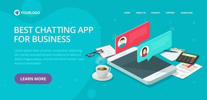 Chat text messaging app website template design layout or mockup, flat cartoon web site landing page and live chatting service on cellphone or mobile phone banner modern illustration vector