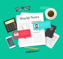 News discussion speech bubbles chat messages or newspaper press event talking rumors about the news global flat, concept of gossip magazine comments or communication on office table desk vector