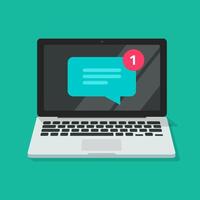 New chat text message notice icon on laptop computer online or received on pc incoming notification chatting speech bubble symbol isolated clipart vector