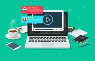 webinar content review comments testimonials feedback online on laptop computer or pc reputation rate chat evaluation desk flat, internet or web player with rating survey modern vector