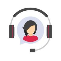 Customer service support logo icon or client assistance help desk agent in headset or headphones call center symbol flat, telephone online operator assistant logotype with female person vector