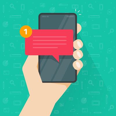 New chat text message notice on mobile phone smartphone or cellphone received incoming notification chatting speech bubble on people hand symbol isolated clipart
