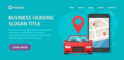 Car sharing rental via mobile phone service online website template layout design or car sharing club for automobile rent web site landing page flat illustration, internet taxi cab banner vector