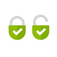Padlock or lock icon open and closed flat isolated symbol, unlocked and locked padlocks with checkmarks as secured or protected sign green color clipart vector
