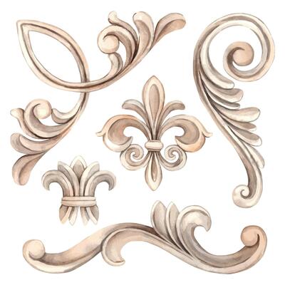 Vintage baroque border, Venetian rosettes with scroll pattern, plaster tiles. Watercolor set illustration for wedding, Valentine's Day, anniversary, birthday, cards, posters, banners.