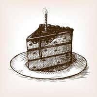 Piece of cake with a candle sketch style illustration. Old engraving imitation. Hand drawn sketch imitation vector