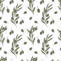 hand drawn seamless pattern with olive branches silhouette with fruits and leaves. Minimalist style in olive green color. Perfect for textile, packaging, menu, prints, backgrounds vector