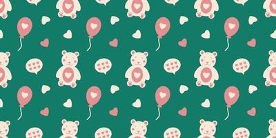 Cute Teddy bears with balloons seamless pattern. Baby background for print wrapping. Valentines day romantic endless illustration in flat style. vector