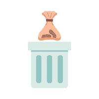 Bag Poop thrown into trash Can. Steel Bin for animal Excrement. Metal Container for package. Clean up after pets. Trash can, wastebasket. Isolated element. Flat style. Color illustration vector