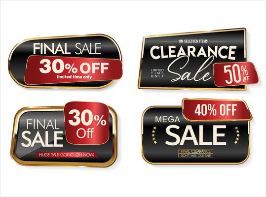 Modern final sale gold black and red retro badges and labels collection isolated on white background