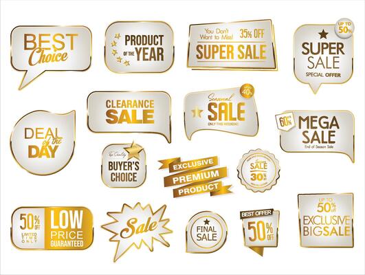 Super sale golden retro badges and labels collection isolated on white background
