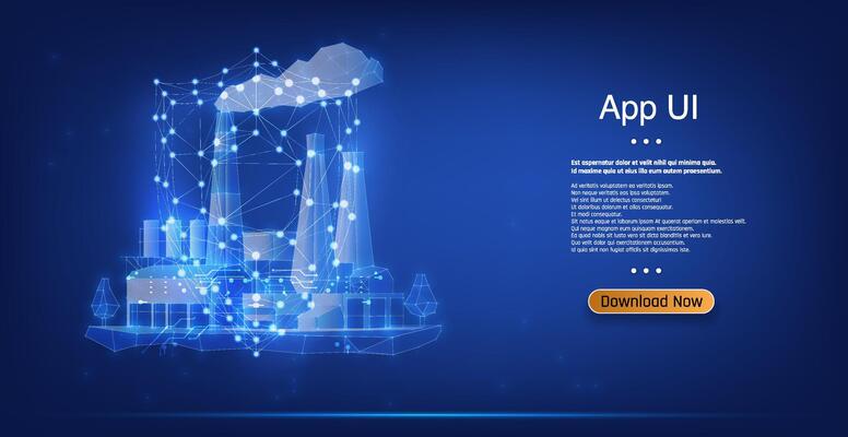 digital interface showcases a blend of industrial visuals and interconnected networks, highlighting advancements in technology and user experience design.